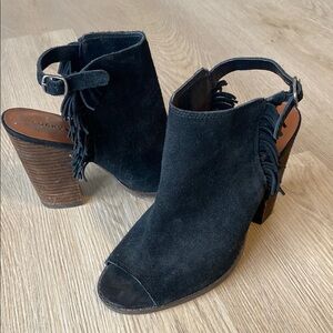 Lucky Brand Fringe Suede Peep Toe Booties 7.5 | Boho Western Chunky Heel